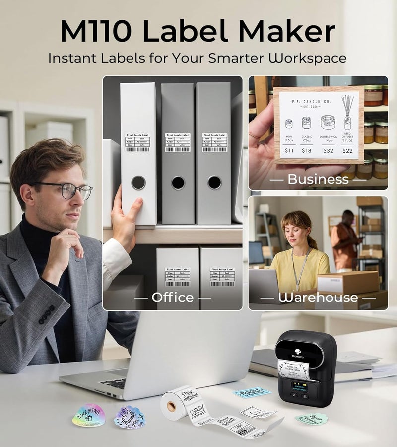 Memoqueen M110 Label Maker - M110 Barcode Label Printer Portable Bluetooth Maker Machine with Tape for Name Labels, Small Business, Address, Logo, Clothing Price Tag, Mailing, with 40x30mm Label - Image 3