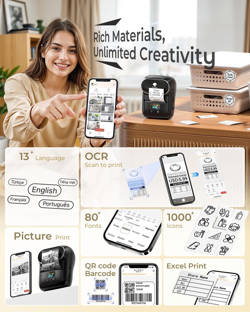 Memoqueen M110 Label Maker - M110 Barcode Label Printer Portable Bluetooth Maker Machine with Tape for Name Labels, Small Business, Address, Logo, Clothing Price Tag, Mailing, with 40x30mm Label - Image 4