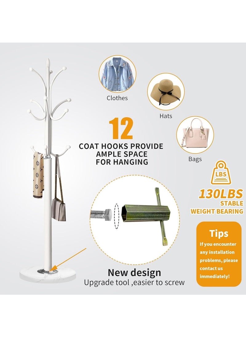 AUTOYSUR - Metal Coat Rack Freestanding, Coat Hanger Stand with Rock Slab Base, Coat Rack Stand for Clothing Bag Hat Home Bedroom Hotel Hall (white) - Image 1
