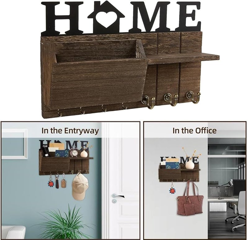 منظم البريد المثبت على الحائط مع خطاطيف متعددة الوظائف لحامل المعطف وحبل المدخل رف التخزين باللون الأسود - Image 3