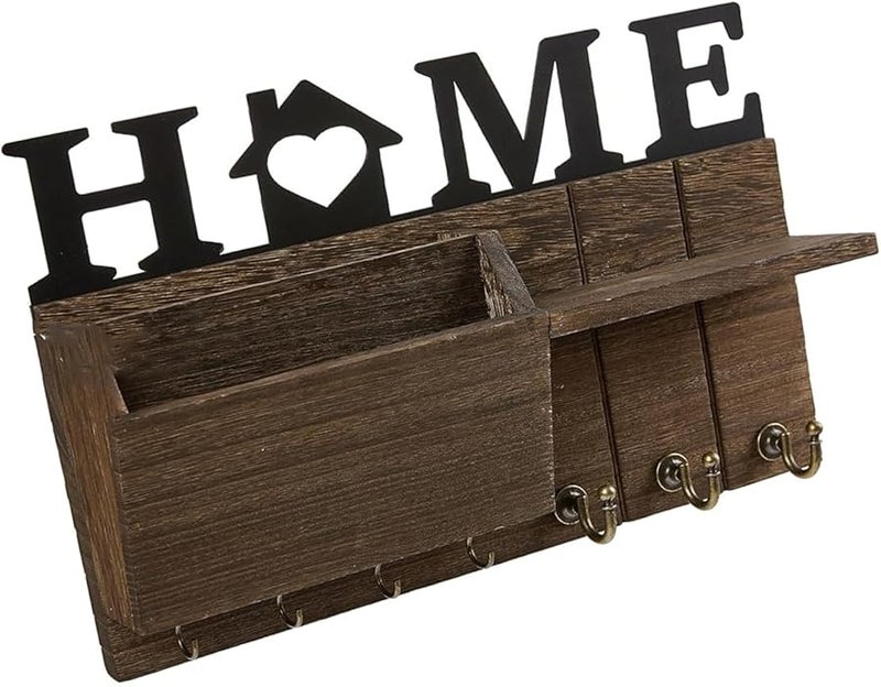 منظم البريد المثبت على الحائط مع خطاطيف متعددة الوظائف لحامل المعطف وحبل المدخل رف التخزين باللون الأسود - Image 2