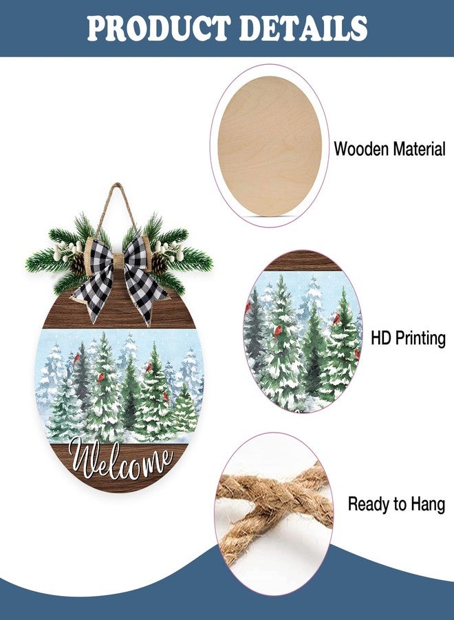 Bolisom Welcome Winter Forest Front Door Sign, Snowy Pine Tree Cardinal Wood Hanger Outdoor Outside Porch Home Decor, Farmhouse Christmas Wooden Wreath Indoor Wall Hanging Decoration with Plaid Bow - Image 3