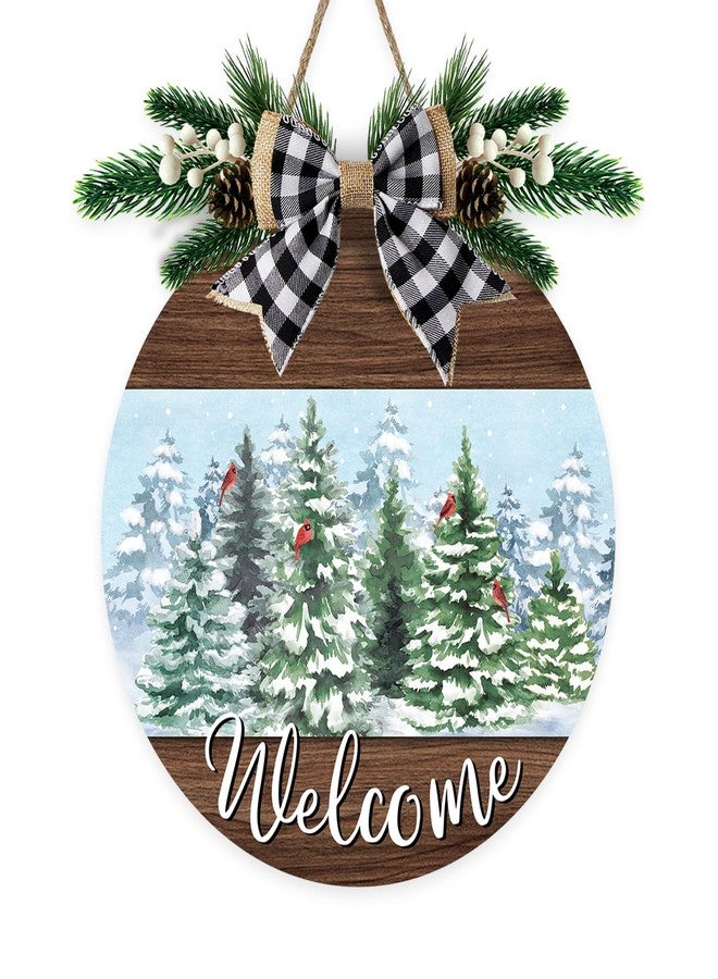 Bolisom Welcome Winter Forest Front Door Sign, Snowy Pine Tree Cardinal Wood Hanger Outdoor Outside Porch Home Decor, Farmhouse Christmas Wooden Wreath Indoor Wall Hanging Decoration with Plaid Bow - Image 1