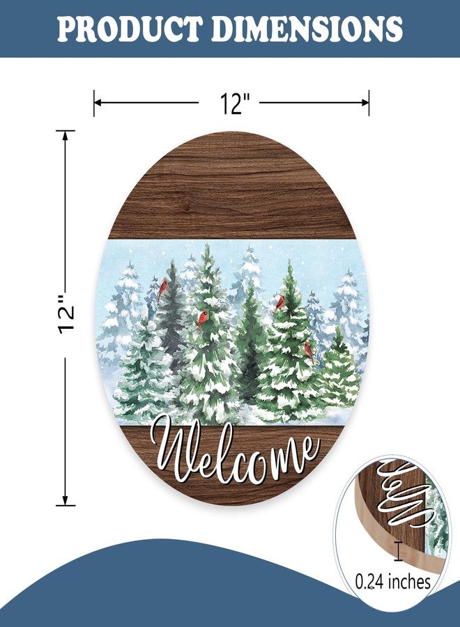 Bolisom Welcome Winter Forest Front Door Sign, Snowy Pine Tree Cardinal Wood Hanger Outdoor Outside Porch Home Decor, Farmhouse Christmas Wooden Wreath Indoor Wall Hanging Decoration with Plaid Bow - Image 2