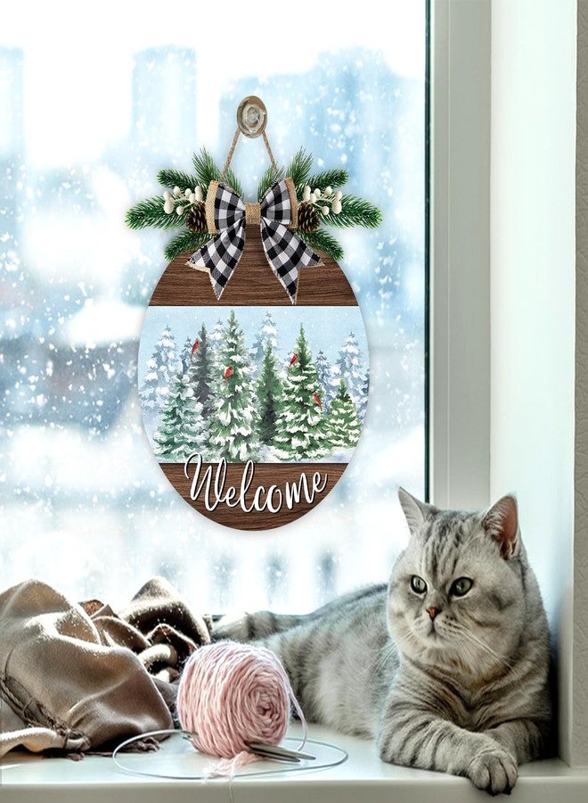 Bolisom Welcome Winter Forest Front Door Sign, Snowy Pine Tree Cardinal Wood Hanger Outdoor Outside Porch Home Decor, Farmhouse Christmas Wooden Wreath Indoor Wall Hanging Decoration with Plaid Bow - Image 5