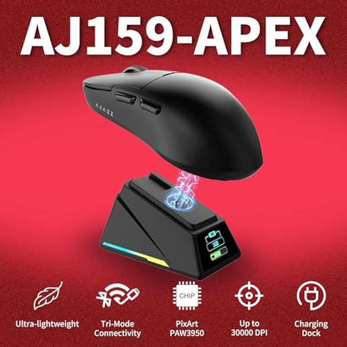 A-jazz WIRELESS GAMING MOUSE WITH RGB CHARGING DOCK, 88 G LIGHTWEIGHT PROGRAMMABLE TRI-MODE WIRELESS MOUSE GAMING, UP TO 26 DPI, 8000HZ, PLAYTIME WITH RGB BACKLIT, GREAT FOR PC, MAC (BLACK) - Image 2