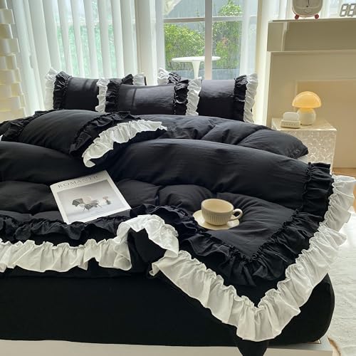 SOUKECHY Shabby Chic 2 Pieces BeddingVintage Ruffled Twin Duvet Cover Set with 2 Layers RufflesSoft Brushed Microfiber Set with Zipper ClosureLightweight Duvet Cover SetBlackTwin - Image 1