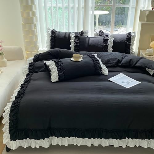 SOUKECHY Shabby Chic 2 Pieces BeddingVintage Ruffled Twin Duvet Cover Set with 2 Layers RufflesSoft Brushed Microfiber Set with Zipper ClosureLightweight Duvet Cover SetBlackTwin - Image 3