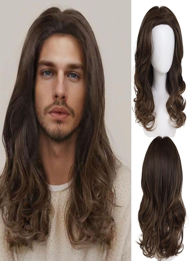 GNIMEGIL Sophisticated Long Wavy Cosplay Wig for Men in Rich Brown Natural Curly Wig Gentleman Halloween Costume Roleplay Wigs Brown in Synthetic Fiber - Image 1