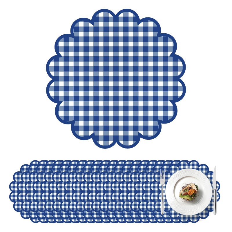 ElasignShopo 100Pcs Checkered Paper Placemats Dark Blue Gingham Place Mats 13.5 Inch Disposable Round Decorative Dining Table Mat with Scalloped Edge Paper Cutouts Decor for Summer Picnic BBQ Table Party Supplies - Image 1