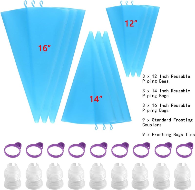 GEMLON Reusable Piping Bags Set – Silicone Pastry Bag, Icing Bag for Cake Decorating – Baking Tools Kit with 3X (12’’+14’’+16’’) Bags, 9 Tip Couplers, 9 Frosting Bag Ties, Cupcake Decorations Supplies - Image 2