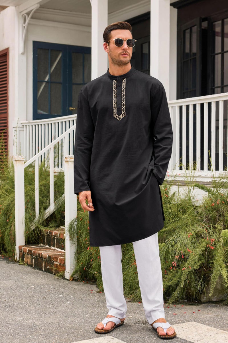 Runcati Mens Kaftan Thobe Button Down Casual Henley Shirts Long Sleeve Robe Cotton Linen Muslim Gown Shirt Black - Image 4