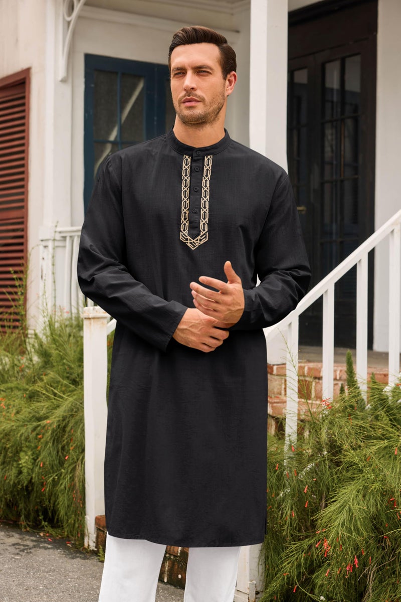 Runcati Mens Kaftan Thobe Button Down Casual Henley Shirts Long Sleeve Robe Cotton Linen Muslim Gown Shirt Black - Image 2