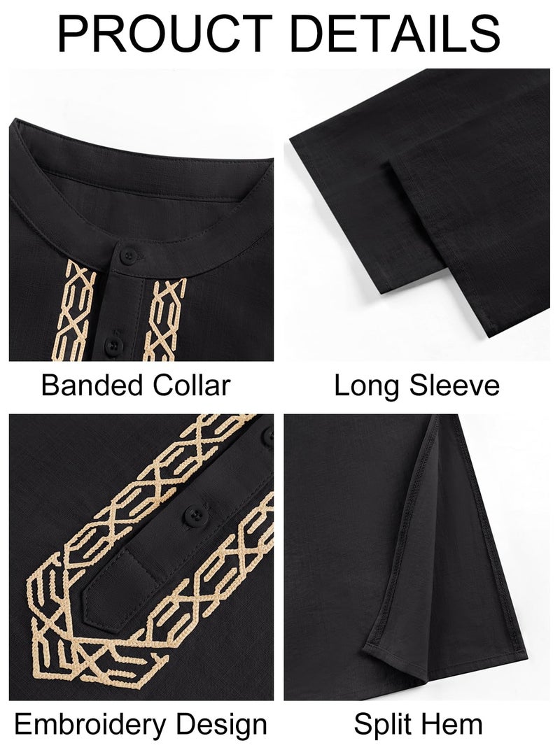 Runcati Mens Kaftan Thobe Button Down Casual Henley Shirts Long Sleeve Robe Cotton Linen Muslim Gown Shirt Black - Image 5