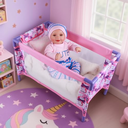 BABESIDE Baby Doll Crib Set for 18 Inch Dolls Foldable Baby Doll Bed Playpen Toy Crib with Storage Bag for Reborn Baby Doll Accessories Purple Babydoll Crib - Image 1