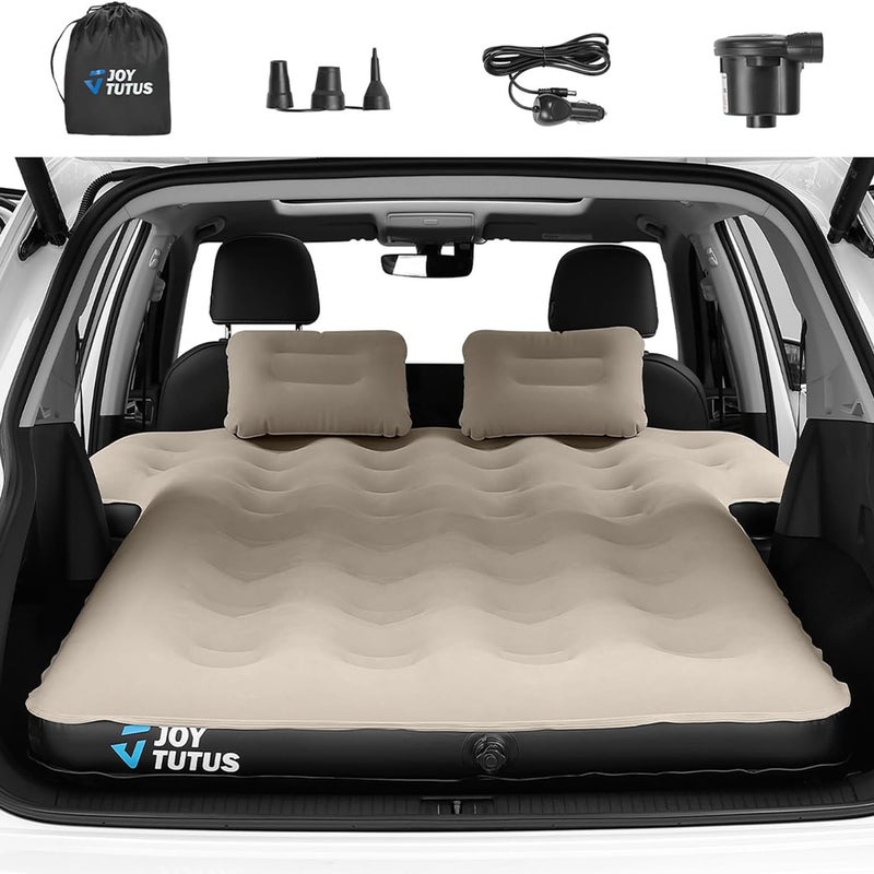 JOYTUTUS SUV Air Mattress Camping Bed,3.0 Thickened Flocking Car Camping Inflatable Mattress,Anti-Leakage,with 2 Pillows & Electric Pump Universal Car Bed for SUV Trunk and Rear Seat,Camel - Image 1