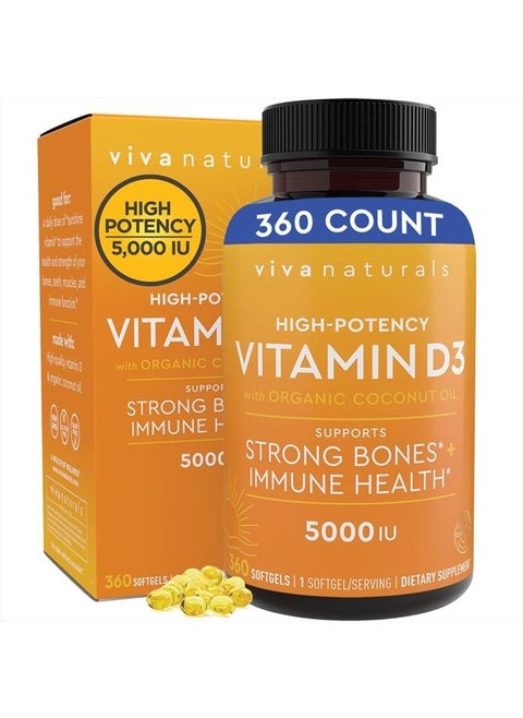 Vitamin D3 5000 IU Softgels (125 mcg), 360 Softgels - High Potency Vitamin D Supplements, Small & Easy to Swallow Softgels for Healthy Immune Function, Bones & Muscles, Made with Organic Liquid Coconu