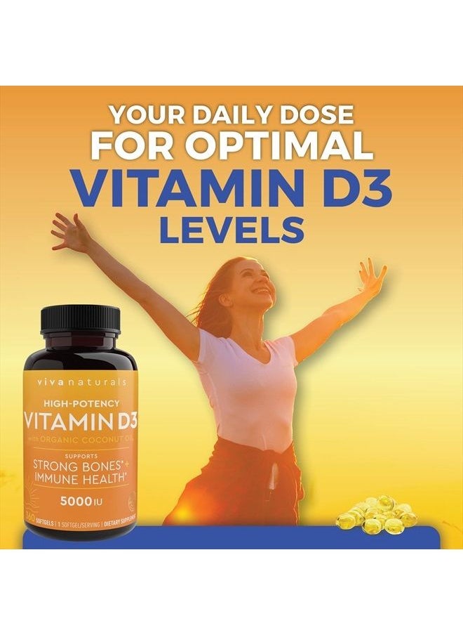 Vitamin D3 5000 IU Softgels (125 mcg), 360 Softgels - High Potency Vitamin D Supplements, Small & Easy to Swallow Softgels for Healthy Immune Function, Bones & Muscles, Made with Organic Liquid Coconu