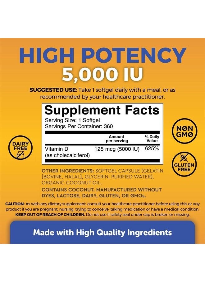Vitamin D3 5000 IU Softgels (125 mcg), 360 Softgels - High Potency Vitamin D Supplements, Small & Easy to Swallow Softgels for Healthy Immune Function, Bones & Muscles, Made with Organic Liquid Coconu