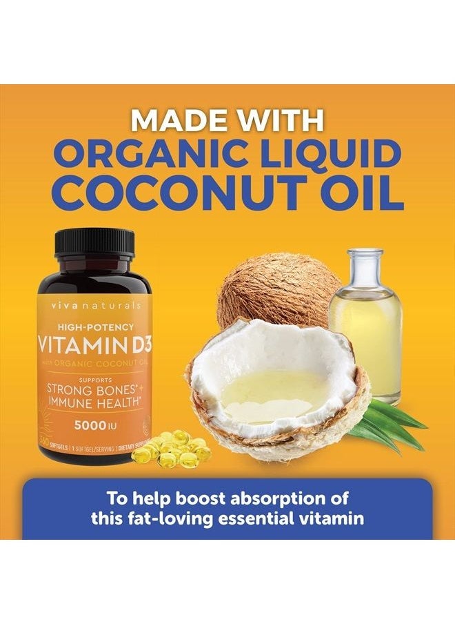 Vitamin D3 5000 IU Softgels (125 mcg), 360 Softgels - High Potency Vitamin D Supplements, Small & Easy to Swallow Softgels for Healthy Immune Function, Bones & Muscles, Made with Organic Liquid Coconu