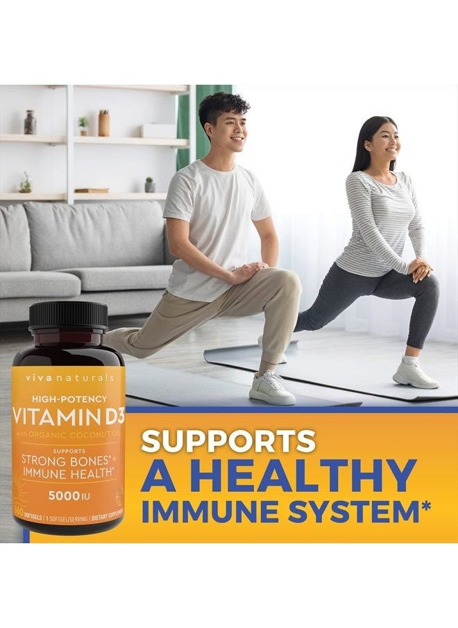 Vitamin D3 5000 IU Softgels (125 mcg), 360 Softgels - High Potency Vitamin D Supplements, Small & Easy to Swallow Softgels for Healthy Immune Function, Bones & Muscles, Made with Organic Liquid Coconu