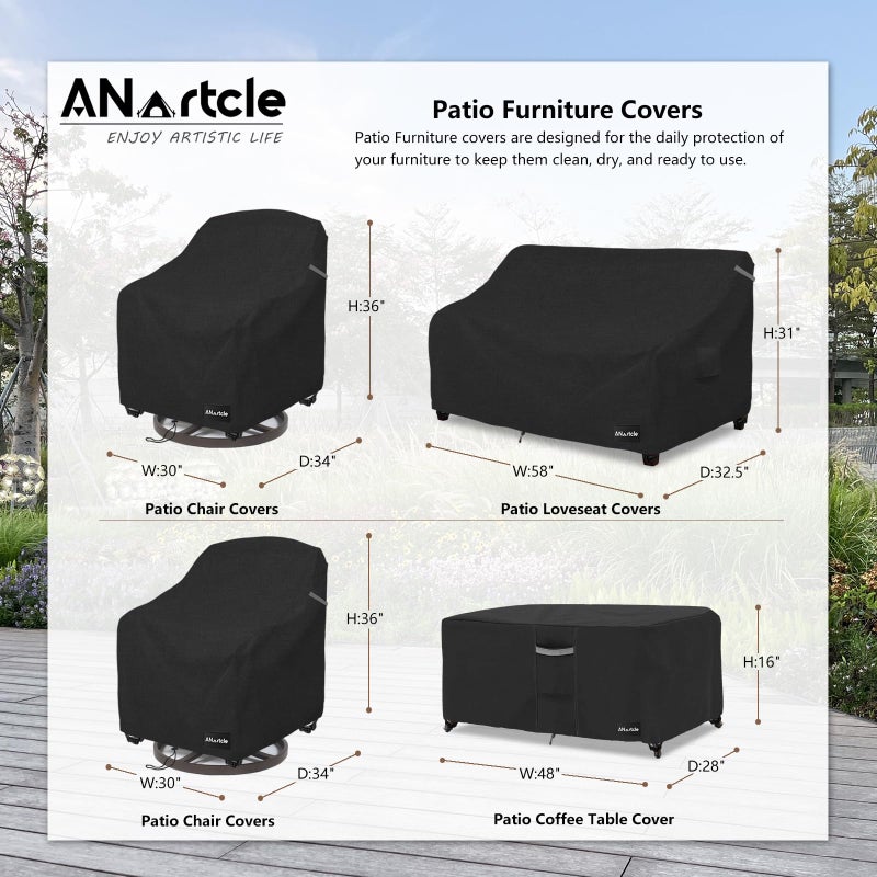 ANartcle Patio Furniture Covers 4 Piece Set, 600D Waterproof Heavy Duty Outdoor Furniture Covers,Fit Wicker Patio Loveseat, Swivel Rocker Chair and Coffee Table,Black - Image 2