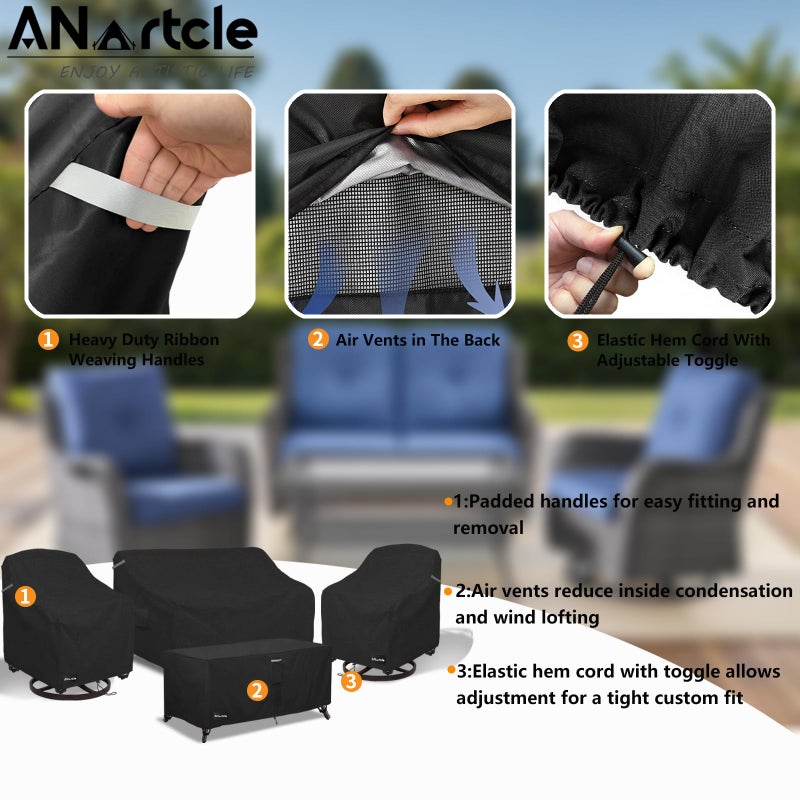 ANartcle Patio Furniture Covers 4 Piece Set, 600D Waterproof Heavy Duty Outdoor Furniture Covers,Fit Wicker Patio Loveseat, Swivel Rocker Chair and Coffee Table,Black - Image 3