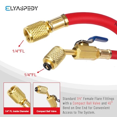Elyaspedy Upgrade 29985 Plus II 1/4" HVAC Hose with Compact Ball Valve,Standard 1/4" Flare Fittings,for R410A and all Common Refrigerants,800 PSI Working Pressure, 60",Red/Yellow/Blue(Pack of 3) - Image 3