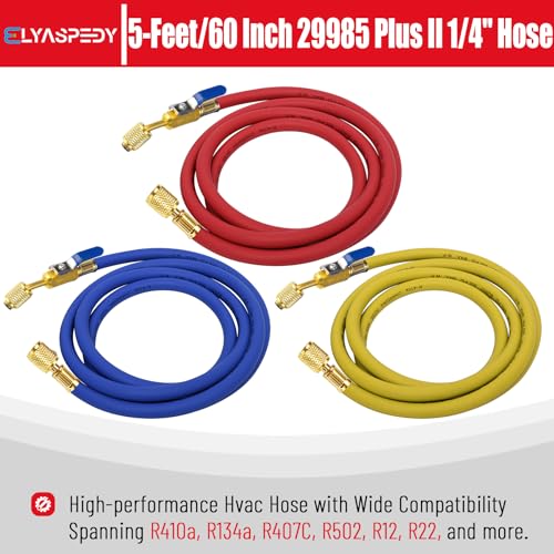 Elyaspedy Upgrade 29985 Plus II 1/4" HVAC Hose with Compact Ball Valve,Standard 1/4" Flare Fittings,for R410A and all Common Refrigerants,800 PSI Working Pressure, 60",Red/Yellow/Blue(Pack of 3) - Image 2