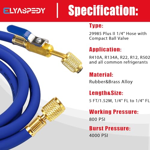 Elyaspedy Upgrade 29985 Plus II 1/4" HVAC Hose with Compact Ball Valve,Standard 1/4" Flare Fittings,for R410A and all Common Refrigerants,800 PSI Working Pressure, 60",Red/Yellow/Blue(Pack of 3) - Image 5