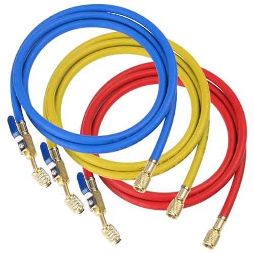 Elyaspedy Upgrade 29985 Plus II 1/4" HVAC Hose with Compact Ball Valve,Standard 1/4" Flare Fittings,for R410A and all Common Refrigerants,800 PSI Working Pressure, 60",Red/Yellow/Blue(Pack of 3) - Image 1