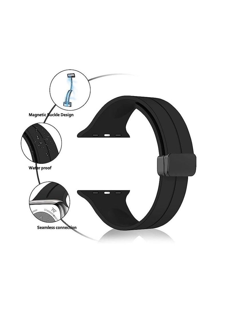 لساعة أبل 42/44 ملم 4/5 سلسلة - استبدال سيليكون بمشبك مغناطيسي على شكل D - سوار معصم رياضي - أسود - Image 4