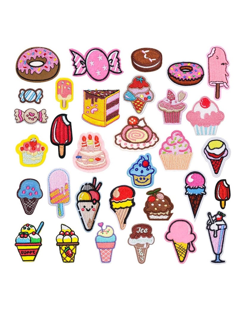 Embroidered Iron on Patches, 32 Pcs Ice Cream Sew On Applique Patches for Clothing, Cartoon Candy Cake Donut Patch for Clothing Sew On Set, Iron on Patches for Jeans Dress Hats Bags Arts Crafts - Image 1