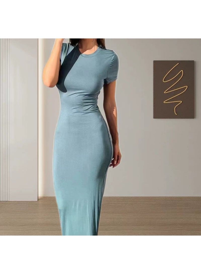 general Modal fabric women's 2026 solid color, elegant and fitted short-sleeved dress - Image 1