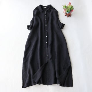 2023 Summer Fashionable Loose Large Size Womens Clothing Cotton and Linen Lapel Mid-length Simple and Generous Slimming Dress Black - pzsku/Z63B677879EFD3168005DZ/45/1746232561/1ee4a141-8737-4889-a6f5-c5e15c555b79