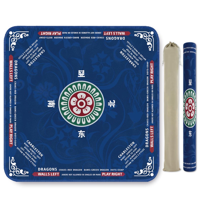 ECOLEMON Crease-Free Mahjong Mat for Table, American Mahjong Mat with Charleston Rules, 31.5 x 31.5 inch Non-Slip Rubber Backing Noise-Reducing Mah Jongg Learning Mat with Carrying Bag (Blue) - Image 1