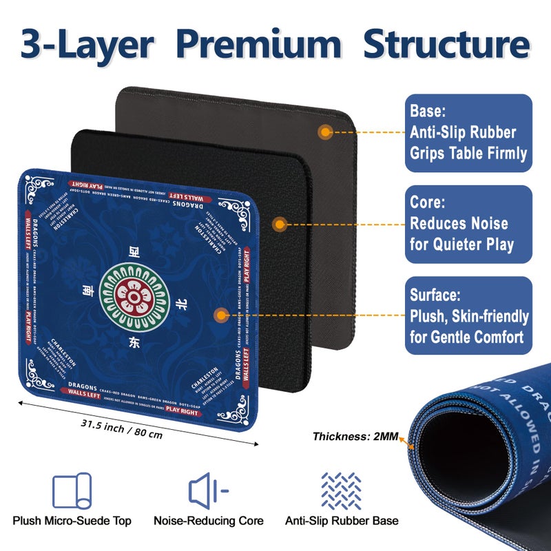 ECOLEMON Crease-Free Mahjong Mat for Table, American Mahjong Mat with Charleston Rules, 31.5 x 31.5 inch Non-Slip Rubber Backing Noise-Reducing Mah Jongg Learning Mat with Carrying Bag (Blue) - Image 4