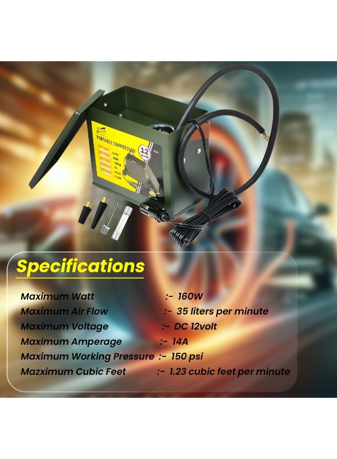 3XR 12V Portable Air Compressor 150PSI Metal Body Heavy Duty Tire Inflator Pump, 160W Fast Inflation, Car SUV Bike Motorcycle Ball Boat Air Pump with Nozzle Set, DC Cigarette Lighter Plug, Compact Storage Box - Image 2