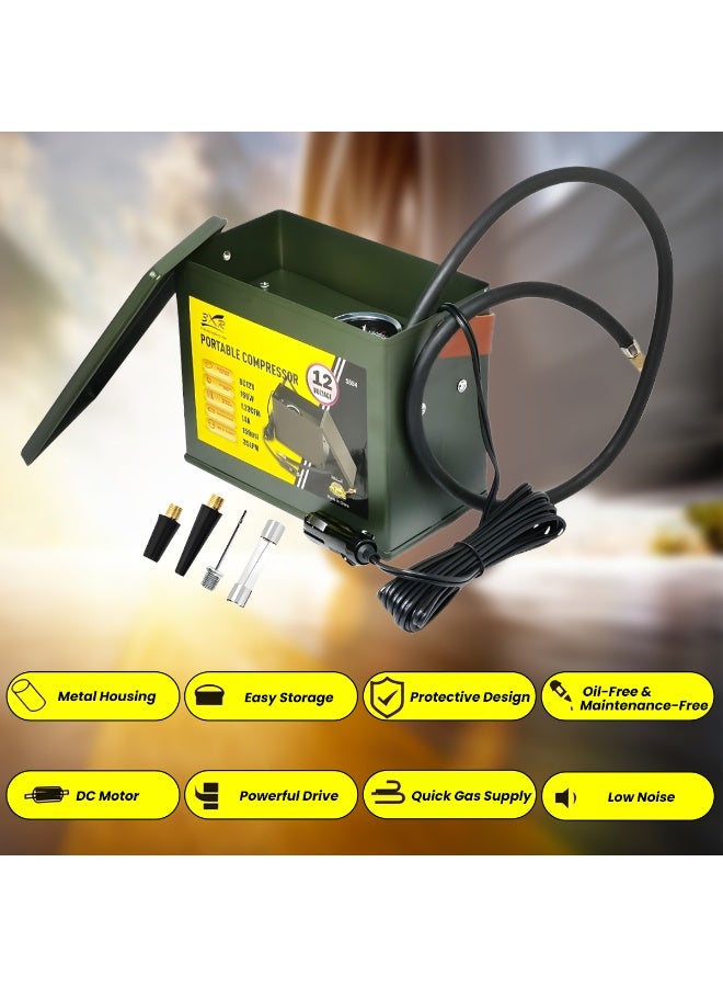 3XR 12V Portable Air Compressor 150PSI Metal Body Heavy Duty Tire Inflator Pump, 160W Fast Inflation, Car SUV Bike Motorcycle Ball Boat Air Pump with Nozzle Set, DC Cigarette Lighter Plug, Compact Storage Box - Image 3