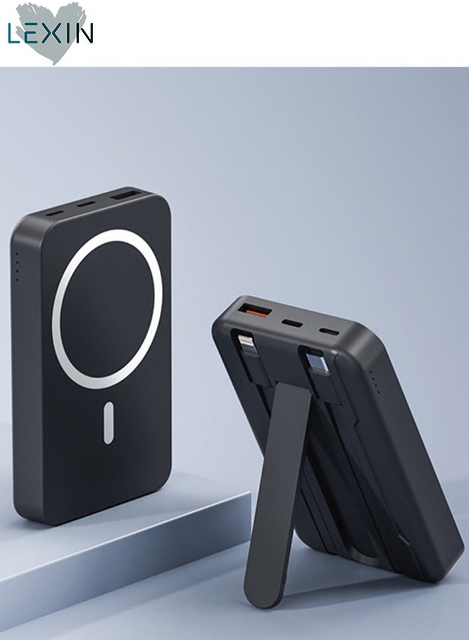 LEXIN 10000mAh Magnetic Wireless Power Bank Portable With Lightning and Type-C Cables,22.5W Wired Fast Charging and 15W Wireless Fast Charging,Black - Image 1