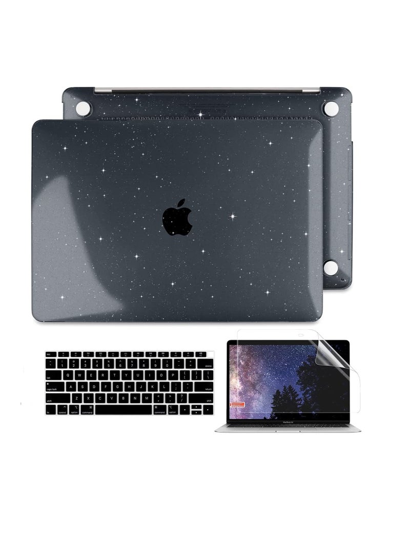 حافظة لامعة 3 في 1 متوافقة مع ماك بوك اير 13 بوصة M1 2022 2021 2020 2019 2018 إصدار A2337 A2179 A1932، حافظة بلاستيكية لامعة صلبة + واقي شاشة + غطاء لوحة مفاتيح، أسود - Image 1
