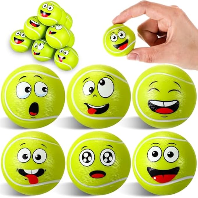 Arrowbash 12 Pcs Mini Face Stress Balls for Boys Girls Sport Funny Face Squeeze Foam Balls for Stress and Anxiety Relief for Party Favors Birthday Gift Decoration(Tennis) - Image 1