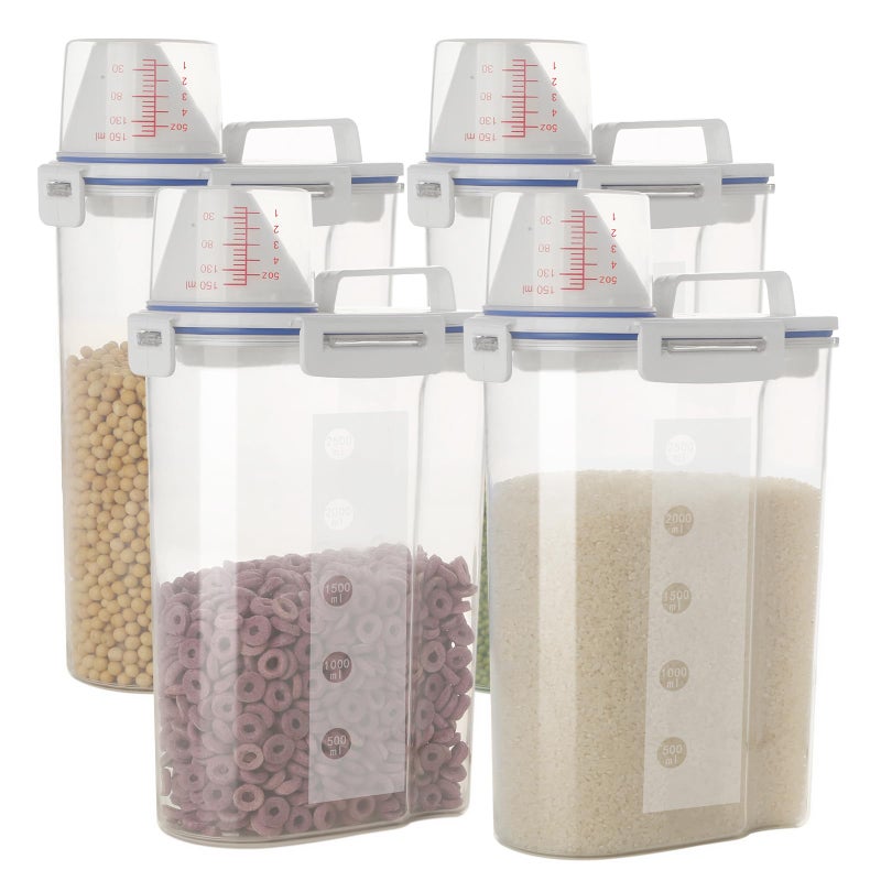jioko 5.5 Lbs Rice Airtight Dry Food Storage Container Set of 4, Rice Storage Bin Cereal Containers Dispenser, Thicken Plastic Clear Food Storage Box with Pouring Spout, Measring Cup for Grain, Flour Snacks - Image 1