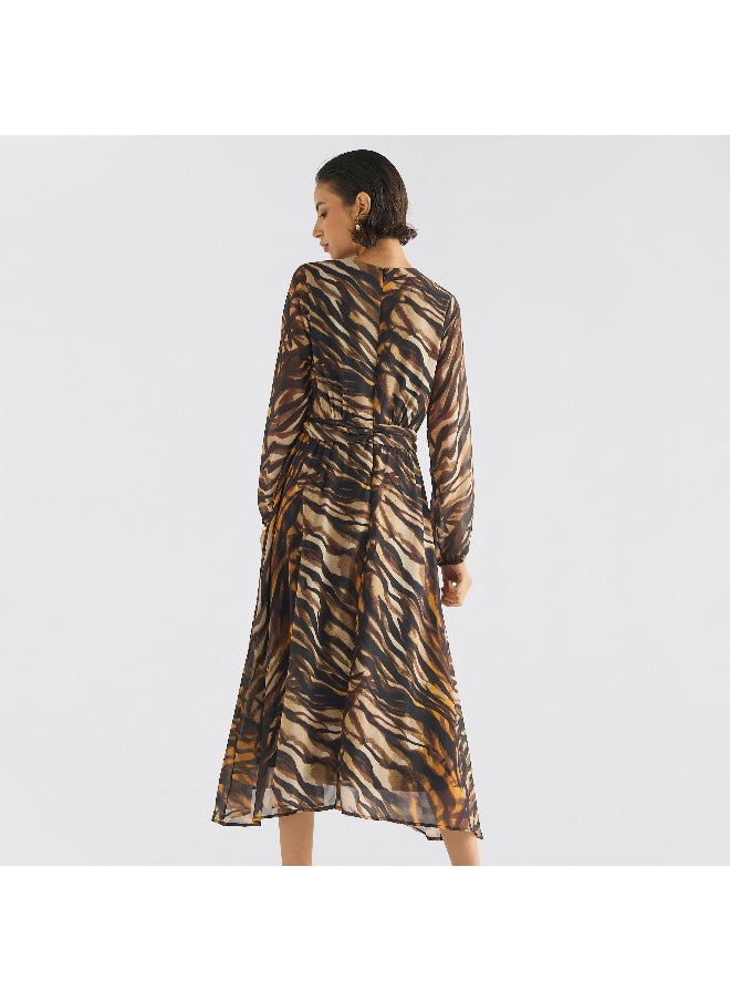FAV - Animal Print Midi Dress with Round Neck and Long Sleeves - Image 1