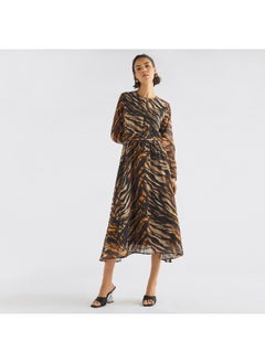 Animal Print Midi Dress with Round Neck and Long Sleeves
