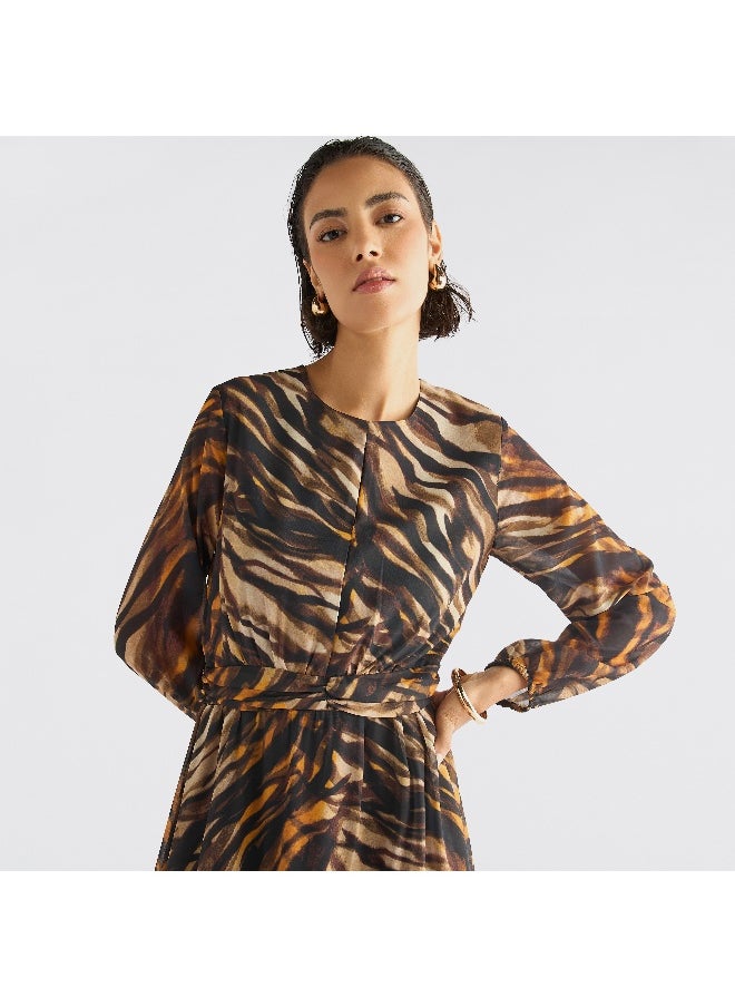 FAV - Animal Print Midi Dress with Round Neck and Long Sleeves - Image 1
