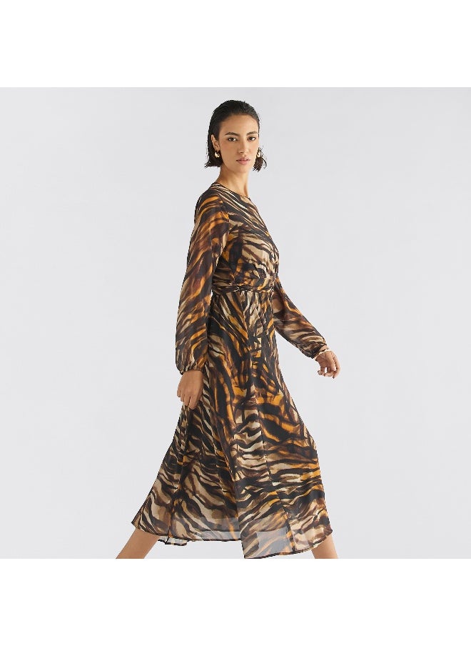 FAV - Animal Print Midi Dress with Round Neck and Long Sleeves - Image 1