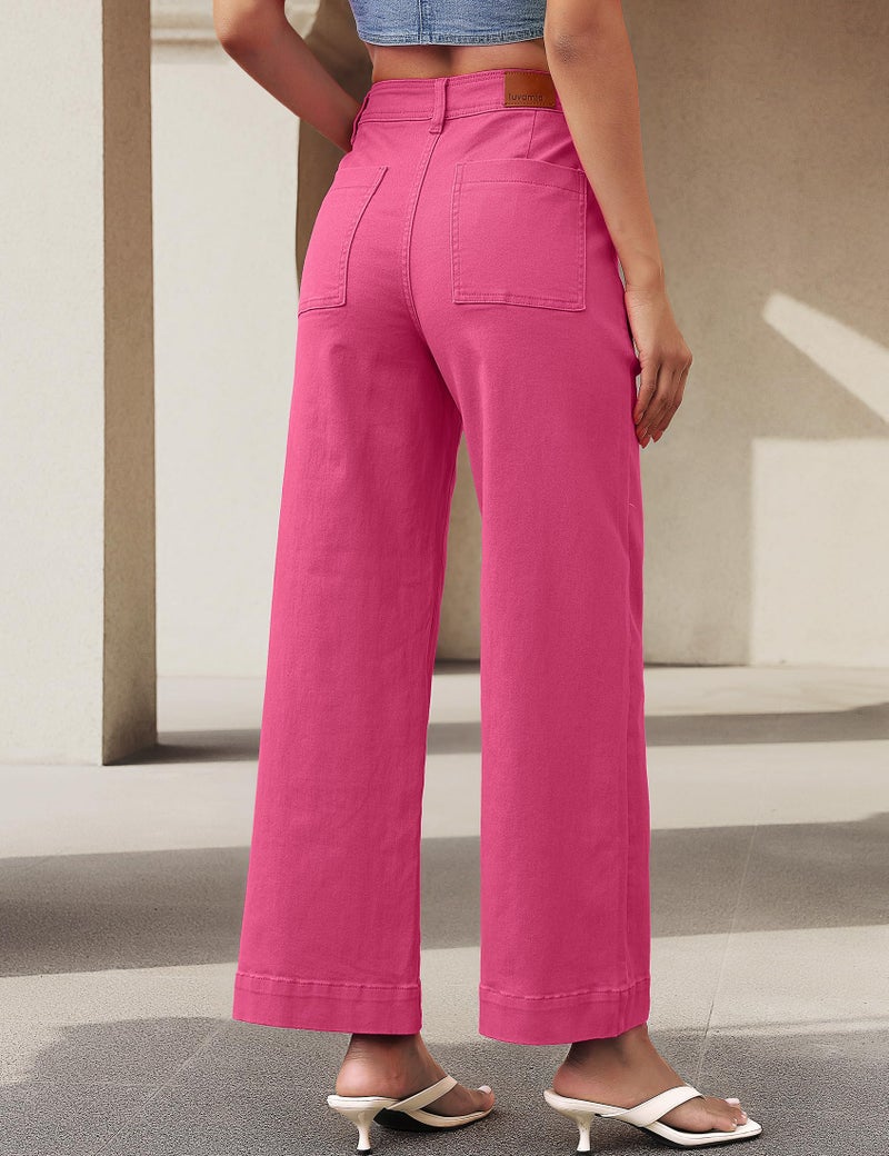 luvamia Summer Jeans Hot Pink Jeans for Women Front Patch Pocket Pants Women Wide Leg Trendy High Waisted Patch Pocket Ankle Length Stretchy Denim Pants Hot Pink Size Small US 4 to 6 - Image 3