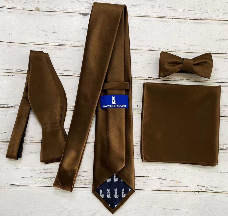 KissTies Mens Truffle Brown Tie Chocolate Solid Satin Necktie + Gift Box - Image 4