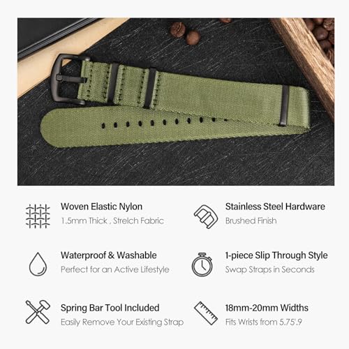 watchdives Nylon Watch Band 18mm 20mm 22mm Multicolor Replacement Watch Straps for Men Women (Black/Army Green, 20mm) - Image 3